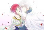  1girl akagami_no_shirayukihime blue_eyes cape collarbone couple dress eye_contact gloves gradient gradient_background green_eyes hair_ornament hetero holding_hands jewelry looking_at_another necklace petals red_hair rosa_tsubomi shirayuki_(akagami_no_shirayukihime) short_hair smile white_hair zen_wistalia 
