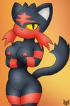  2016 anthro anthrofied areola big_breasts black_eyes black_fur breasts brown_background feline female fur litten mammal navel nintendo nipples nude one_eye_closed pok&eacute;mon pok&eacute;morph pussy red_fur red_nipples simple_background slit_pupils solo stripes video_games wink yellow_sclera zinzoa 