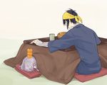  bandana black_hair closed_eyes cup food food_on_head fruit fruit_on_head honebami_toushirou japanese_clothes kotatsu male_focus mandarin_orange mikazuki_munechika multiple_boys object_on_head orange silver_hair sitting sleeping smile table touken_ranbu yamazaki_mitsuko yunomi 