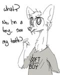  2016 anthro cervine clothed clothing cute deer dialogue digital_media_(artwork) disney english_text fan_character fur girly male mammal monochrome musk_deer nobody_(artist) shirt teeth text unseen_character wide_eyed zootopia 