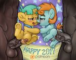  2017 age_regression anal balls cape clothing collar cub cutie_mark digital_media_(artwork) disembodied_penis duo_focus equine feral friendship_is_magic group hair hi_res holidays horn human kissing looking_at_viewer male male/male mammal my_little_pony new_year pacifier patreon penis saliva saliva_string small_penis smudge_proof snails_(mlp) snips_(mlp) stage toddler unicorn vein young 