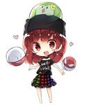  bare_legs black_shirt blush chibi clothes_writing earth_(ornament) electrode full_body gen_1_pokemon gen_5_pokemon head_scarf heart hecatia_lapislazuli highres moon_(ornament) multicolored multicolored_clothes multicolored_skirt nikorashi-ka off-shoulder_shirt open_mouth pokemon pokemon_(creature) polos_crown red_hair shirt simple_background skirt solo solosis touhou voltorb white_background 