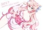  2017 areola_slip areolae blue_eyes blush breasts breasts_apart commentary_request covered_nipples dutch_angle floral_print hair_ornament happy_new_year japanese_clothes kimono large_breasts leg_up long_hair looking_at_viewer maria_cadenzavna_eve new_year no_bra no_panties off_shoulder open_clothes open_mouth parted_lips pink_hair pink_kimono sash senki_zesshou_symphogear shiny shiny_hair shiny_skin short_kimono solo wide_sleeves zetsumu 