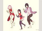  2girls amputee barefoot black_hair capri_pants closed_eyes dancing facial_mark family father_and_daughter forehead_mark glasses haruno_sakura husband_and_wife koi_dance looking_at_viewer mother_and_daughter multiple_girls naruto naruto_(series) pants pink_hair red-framed_eyewear risuo short_hair toeless_legwear uchiha_sarada uchiha_sasuke 