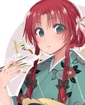  2017 alternate_costume alternate_hairstyle aqua aqua_eyes asa_(coco) bangs braid breasts chopsticks eating floral_print flower hair_flower hair_ornament hair_up hong_meiling japanese_clothes kimono long_hair looking_at_viewer medium_breasts obi parted_bangs red_hair sash sketch solo touhou twin_braids upper_body wide_sleeves 