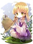  blonde_hair commentary_request hat hat_removed headwear_removed highres holding lily_pad long_sleeves moriya_suwako nikorashi-ka pyonta shoes skirt skirt_set solo touhou vest white_legwear wide_sleeves yellow_eyes 