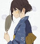 blush boyano braid brown_eyes brown_hair commentary_request ears fan from_side grey_background hair_bun hand_up holding holding_fan japanese_clothes kimono looking_down nape original paper_fan parted_lips sash sidelocks solo sweat sweatdrop tied_hair uchiwa upper_body yukata 