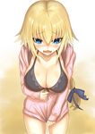  bikini_top blonde_hair blue_eyes blush braid breasts cleavage cowboy_shot downblouse embarrassed fate/apocrypha fate_(series) front-tie_bikini front-tie_top highres jacket jacket_tug jeanne_d'arc_(fate) jeanne_d'arc_(fate)_(all) kazama_ryuu_(kazama0003) large_breasts long_hair looking_down open_mouth single_braid solo swimsuit swimsuit_under_clothes wavy_mouth 