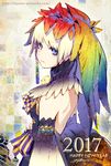  2017 animal backless_dress backless_outfit bare_back bare_shoulders bird blonde_hair blue_eyes bow braid chick chinese_zodiac colorful dated detached_sleeves dress eyebrows_visible_through_hair feathers from_side fuyuno_yuuki happy_new_year high_collar highres light_smile looking_at_viewer looking_back new_year original rainbow_gradient shoulder_blades side_braid sideways_glance signature single_braid solo upper_body watermark web_address year_of_the_rooster 
