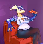  2018 3_fingers amphibian anthro big_breasts breasts clothing crossed_legs eating eyelashes female food greninja gwen_(sirphilliam) half-closed_eyes nintendo pants pizza pok&eacute;mon pok&eacute;mon_(species) red_eyes retro_parasite shirt sitting sofa solo video_games webbed_hands 