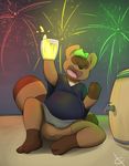  2017 alcohol anthro balls barrel beverage big_balls bottomless brown_fur celebration clothed clothing cup doublepopsicle drunk eyes_closed fireworks fur happy hi_res holidays keg leaf male mammal new_year open_mouth partially_clothed solo taeko tanuki 