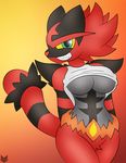  2016 anthro anthrofied big_breasts black_fur bottomless breasts clothed clothing featureless_crotch feline female fire fur green_eyes incineroar looking_at_viewer mammal navel nintendo orange_background pok&eacute;mon pok&eacute;morph red_fur red_nose shirt simple_background smile solo teeth video_games wide_hips yellow_sclera zinzoa 