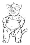  balls feline flaccid full-length_portrait greyscale grin hands_on_hips lunicent male mammal monochrome moobs navel nude overweight overweight_male penis portrait sketch standing tiger uncut 