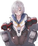  :d ammunition between_breasts black_legwear black_skirt blue_eyes blush breasts buttons cleavage collarbone from_above full_body gloves grey_footwear hair_ornament hair_over_one_eye hairclip hamakaze_(kantai_collection) hands_on_lap kantai_collection knees_together_feet_apart large_breasts looking_at_viewer machinery miniskirt open_mouth own_hands_together pale_skin pantyhose pleated_skirt school_uniform serafuku shirt shoes short_hair short_sleeves silver_hair simple_background sitting skirt smile solo strap_cleavage thigh_strap torn_clothes torn_legwear torn_shirt torpedo v_arms wariza white_background white_gloves yukiguni_yuu 