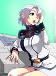  belt breasts brown_eyes hair_over_one_eye headset large_breasts lipstick macross macross_7 makeup miniskirt mole mole_under_mouth moyamu open_mouth red_lipstick sally_ford ship_interior short_hair silver_hair sitting skirt solo teeth thighhighs uniform white_hair 