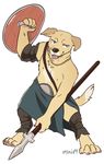  canine clothed clothing digitigrade dog fighting_stance front_view holding_object holding_weapon jewelry maim male mammal melee_weapon naughty_face necklace nipples polearm shield signature solo spear tongue tongue_out topless warrior weapon 