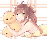  ahoge animal_pillow bangs bare_shoulders bird blush breasts brown_hair checkered checkered_background chick cleavage commentary_request dress green_eyes grin hair_ribbon long_hair looking_at_viewer lying manatsuki_manata medium_breasts object_hug on_stomach orange_ribbon original parted_lips pillow ribbon smile solo twintails yellow_dress 