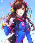  animal_print arm_at_side bangs black_eyes blue_background blue_bodysuit blush bodysuit breasts brown_hair bunny_print cherry_blossoms closed_mouth d.va_(overwatch) eyebrows_visible_through_hair facepaint gloves gradient gradient_background headset long_hair looking_at_viewer medium_breasts one_eye_closed overwatch petals pointing pointing_up ribbed_bodysuit ruuto-kun screen smile solo speedpaint swept_bangs teenage upper_body video_crop whisker_markings white_gloves 