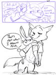  2017 ahappypichu-mod anthro canine carrying clothed clothing dialogue disney duo female fox fur hi_res judy_hopps lagomorph male mammal monochrome nick_wilde pants piggyback rabbit shirt size_difference speech_bubble text zootopia 