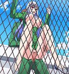  1boy 1girl animated animated_gif blue_hair bouncing_breasts bra bra_lift breasts breasts_outside carrying censored chain-link_fence held_up large_breasts long_hair mizuryu_kei no_panties oideyo!_shiritsu_yarimari_gakuen open_shirt outdoors poro red_eyes reverse_suspended_congress rooftop school school_uniform sex skirt_lift sky stitched vaginal 