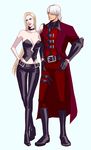  1boy 1girl blonde_hair blue_eyes breasts choker corset couple dante_(devil_may_cry) devil_may_cry leather silver_hair trish_(devil_may_cry) 