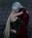  1boy 1girl blonde_hair blue_eyes breasts couple dante_(devil_may_cry) devil_may_cry good_end hug leather silver_hair trish_(devil_may_cry) 