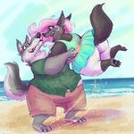  2016 anthro aurelina_canidae beach blue_eyes canine claws clothed clothing disney duo fangs female fur hair happy lifting male male/female mammal overweight pawpads pink_hair red_eyes sand sea seaside smile standing teeth toe_claws toes water well-dressed-wolf wolf zootopia 