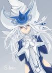  1girl adjusting_clothes adjusting_hat breasts dress duel_monster female gloves hat long_hair looking_at_viewer silent_magician silver_hair solo wizard_hat yu-gi-oh! 