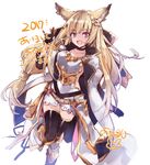  2017 \m/ anapom animal_ears armor black_legwear blonde_hair boots braid coat erune fang granblue_fantasy long_hair open_clothes open_coat pink_eyes simple_background skirt solo thighhighs white_background yuisis_(granblue_fantasy) 