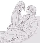  1boy 1girl ass ass_grab blonde_hair choker couple dante_(devil_may_cry) devil_may_cry devil_may_cry_4 leather looking_at_another silver_hair sitting_on_person straddling trish_(devil_may_cry) undressing 