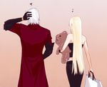  1boy 1girl bag blonde_hair couple dante_(devil_may_cry) devil_may_cry leather shopping silver_hair teddy trish_(devil_may_cry) 