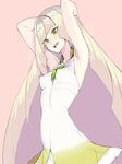  :d armpits arms_behind_head blonde_hair blush breasts covered_nipples dress fakepucco green_eyes highres long_hair lusamine_(pokemon) open_mouth perky_breasts pink_background pokemon pokemon_(game) pokemon_sm simple_background sleeveless sleeveless_dress small_breasts smile solo sweat very_long_hair 