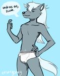  anthro beckoning briefs bulge canine clothed clothing dialogue emurrgency english_text hair hand_on_on_hip long_hair male mammal pinup pose pretty_cure signature slim solo speech_bubble standing text topless underwear wolf wolfrun 