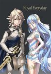  1girl aqua_(fire_emblem_if) blue_hair english fire_emblem fire_emblem_if holding holding_weapon komainu_nekotarou long_hair looking_at_viewer male_my_unit_(fire_emblem_if) my_unit_(fire_emblem_if) red_eyes smile staff sword weapon white_hair yellow_eyes 