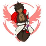  1girl breasts brown_hair candela_(pokemon) cleavage dark_skin large_breasts looking_at_viewer pokemon pokemon_go short_hair solo yellow_eyes zy 