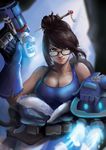 absurdres belt black-framed_eyewear blue_gloves blue_shirt breasts brown_eyes brown_hair chua_wei_chong cleavage coat collarbone commentary drone floating fur_coat fur_trim glasses gloves hair_bun hair_ornament hair_stick highres lips looking_at_viewer medium_breasts mei_(overwatch) nose overwatch robot shirt short_hair sleeveless snowball_(overwatch) solo tank_top upper_body utility_belt weapon 