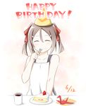  ^_^ cake closed_eyes closed_mouth collarbone cup english food fork fruit hair_ornament hair_ribbon hairclip happy_birthday hat head_tilt holding holding_fork isumi miyoshi_karin number origami paper_crane party_hat plate red_ribbon ribbon shirt sleeveless sleeveless_shirt smile solo strawberry twintails white_background white_shirt yuuki_yuuna_wa_yuusha_de_aru yuusha_de_aru 