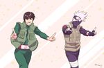  black_hair dancing fingerless_gloves forehead_protector gloves grin hatake_kakashi index_finger_raised koi_dance male_focus mask might_guy multiple_boys naruto naruto_(series) risuo silver_hair smile 