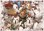  2girls 3boys =_= ^_^ angry animal aoki_(fumomo) bangs bird blank_eyes blonde_hair blue_eyes border brown_eyes brown_hair buckle character_request chicken chinese_zodiac clenched_teeth closed_eyes cucco empty_eyes feathers flock flying_sweatdrops green_hat grey_skin hand_on_headwear hand_on_own_cheek hat link long_hair looking_at_viewer low_ponytail mask mask_on_head medli motion_blur multiple_boys multiple_girls new_year odd_one_out pointy_ears red_background rooster short_sleeves sidelocks sleeveless smile sweat sweatdrop teeth the_legend_of_zelda the_legend_of_zelda:_majora's_mask the_legend_of_zelda:_skyward_sword the_legend_of_zelda:_the_wind_waker too_many too_many_birds white_border year_of_the_rooster 