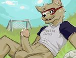  anthro athletic ball balls bottomless canine circumcised clothed clothing emurrgency english_text erection eyewear goggles jersey looking_at_viewer lying male mammal on_back outside penis precum selfie signature soccer soccer_ball solo sport spread_legs spreading text wolf zabivaka 