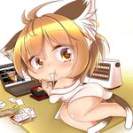  1girl :t animal_ears blush brown_eyes brown_hair chen chibi child closed_mouth computer earring feet female food heater kurumai leaf looking_at_viewer looking_back lying money multiple_tails shiny shiny_skin simple_background solo touhou white_background 