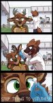  2019 anthro antlers brown_fur cervid clothing comic digital_media_(artwork) doctor english_text fur gloves green_eyes headphones horn hospital looking_at_viewer male mammal mustelid smock text tirrel tirrel_(character) wolverine 