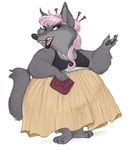  2016 anthro aurelina_canidae canine clothed clothing disney fan_character fangs female hair hairpin mammal overweight pink_hair slightly_chubby solo well-dressed-wolf wolf zootopia 