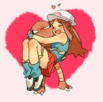  &gt;_&lt; :d blue_(pokemon) blush brown_hair carrying closed_eyes commentary_request gen_1_pokemon hat heart heart_background hitmonlee leg_warmers long_hair oimo_(14sainobba) open_mouth pokemon pokemon_(creature) princess_carry shoes size_difference skirt smile sneakers sweatdrop xd 
