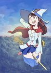  arai_hiroki broom broom_riding brown_hair cape cosplay flying hat highres kagari_atsuko little_witch_academia long_hair official_style pleated_skirt shiny_chariot shiny_chariot_(cosplay) skirt smile solo thighhighs witch witch_hat 