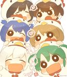  =_= akagi_(kantai_collection) alternate_costume arms_up black_hair blue_hair blush brown_hair chibi chicken_costume chinese_zodiac closed_eyes commentary_request eyes_visible_through_hair green_hair hair_between_eyes hair_ribbon hands_on_another's_head hiryuu_(kantai_collection) ina_(1813576) kaga_(kantai_collection) kantai_collection long_hair long_sleeves multiple_girls nengajou new_year one_eye_closed ribbon short_hair shoukaku_(kantai_collection) side_ponytail silver_hair simple_background smile souryuu_(kantai_collection) translated twintails twitter_username white_background white_hair white_ribbon year_of_the_rooster zuikaku_(kantai_collection) 