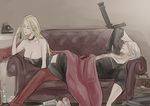  1boy 1girl blonde_hair blue_eyes calling choker couch couple dante_(devil_may_cry) devil_may_cry devil_may_cry_4 leather phone silver_hair sleeping sword trish_(devil_may_cry) weapon 