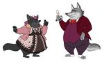  2016 alcohol anthro aurelina_canidae beverage canine claws clothed clothing disney duo fangs female fur glass hair hairpin kaivendraws looking_back male mammal pawpads pink_hair simple_background slightly_chubby smile standing teeth white_background wolf zootopia 