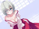  bare_shoulders blue_eyes bonfurai breasts cleavage hair_ornament hair_over_one_eye hairclip hamakaze_(kantai_collection) japanese_clothes kantai_collection looking_at_viewer medium_breasts miko off_shoulder short_hair silver_hair sitting solo 