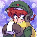  bangs blue_background blue_eyes braid brown_gloves cabbie_hat chinese_clothes cup earmuffs genderswap genderswap_(mtf) gloves green_coat green_hat hat holding looking_at_viewer mittens mug parted_lips puckered_lips ranma-chan ranma_1/2 red_hair saotome_ranma scarf short_hair single_braid snowflake_background solo standing steam upper_body wanta_(futoshi) winter_clothes yellow_scarf 